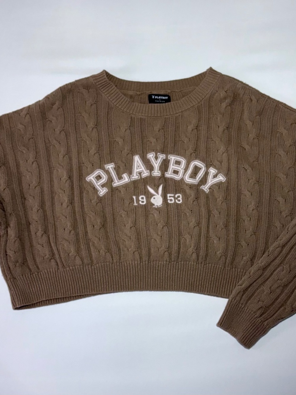PacSun x Playboy Cropped Cable Knit Sweater Brown Logo 1953 Size M